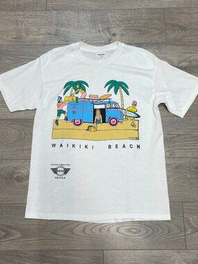 Vintage 80s Stedman‎ Waikiki Beach Surf T-Shirt Made in USA Fits Like men S